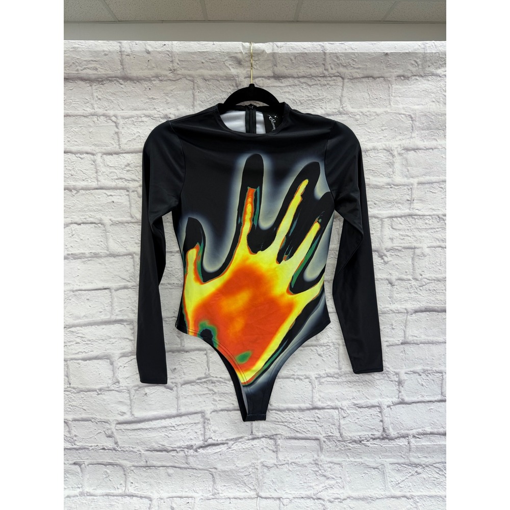 Sinead Gorey Thermal Hand Print Long Sleeve Bodysuit Black Y2K Cybercore Small